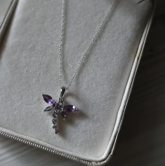 Zales10k Solid White GoldAmethyst Dragonfly Pendant & NecklaceNwot